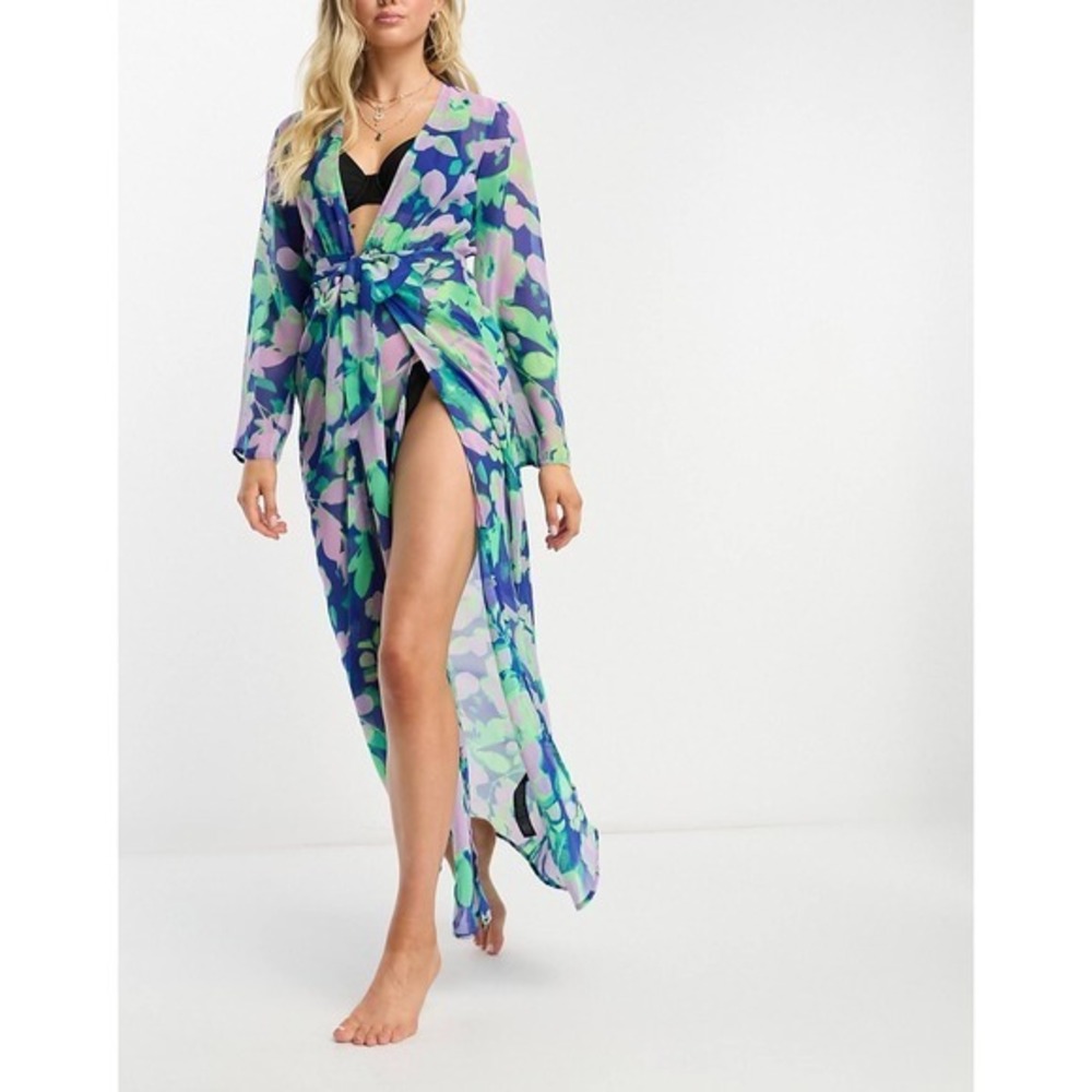 ASOS DESIGN Heatmap Floral Tie Front Beach Maxi Kimono Blue‎ Green US 4